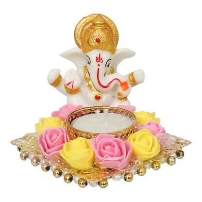 eCraftIndia Lord Ganesha Idol on Decorative Plate with Tea Light Holder